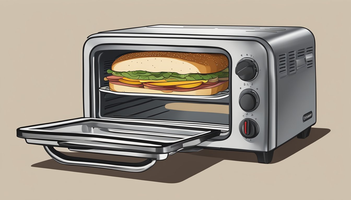 A muffuletta sandwich sits in a toaster oven, warm steam rising as it reheats. A microwave and stovetop are nearby, offering alternative methods