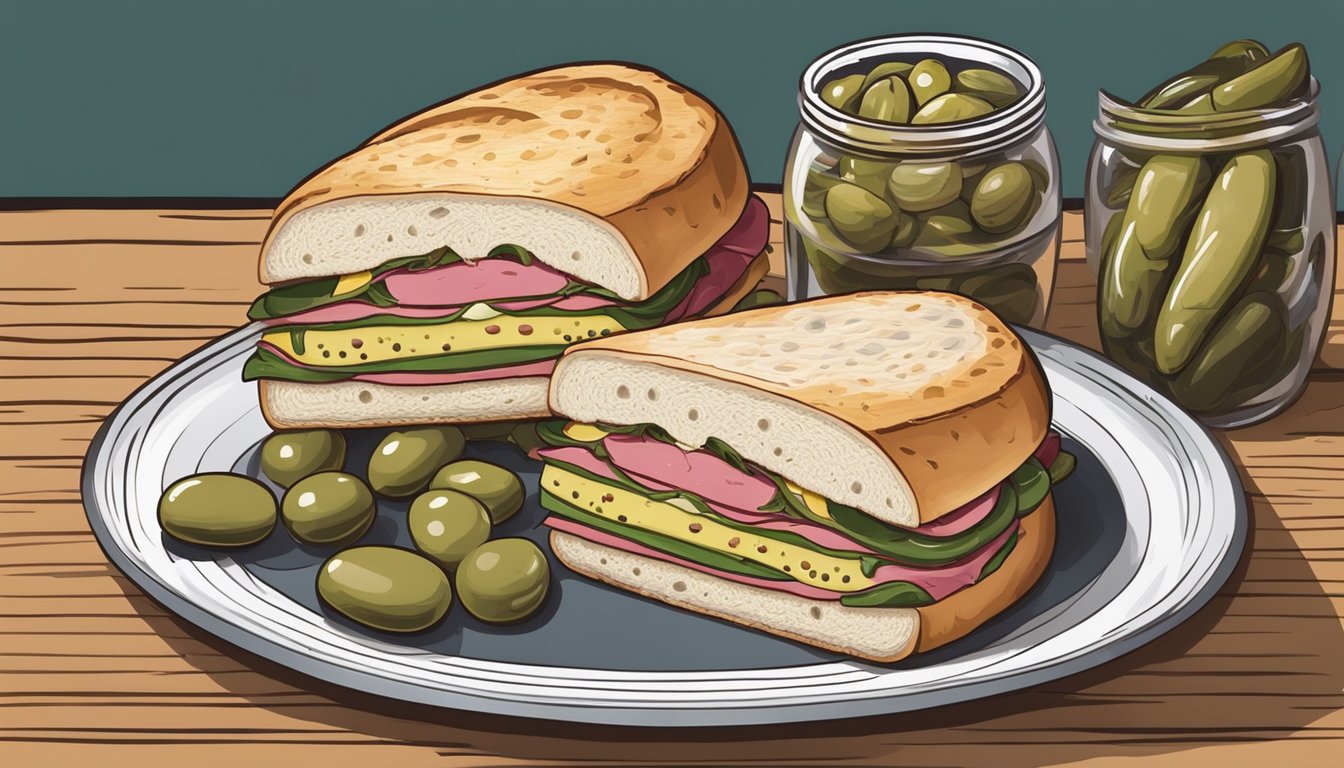 A freshly baked muffuletta being carefully sliced and arranged on a serving platter with a side of pickles and olives