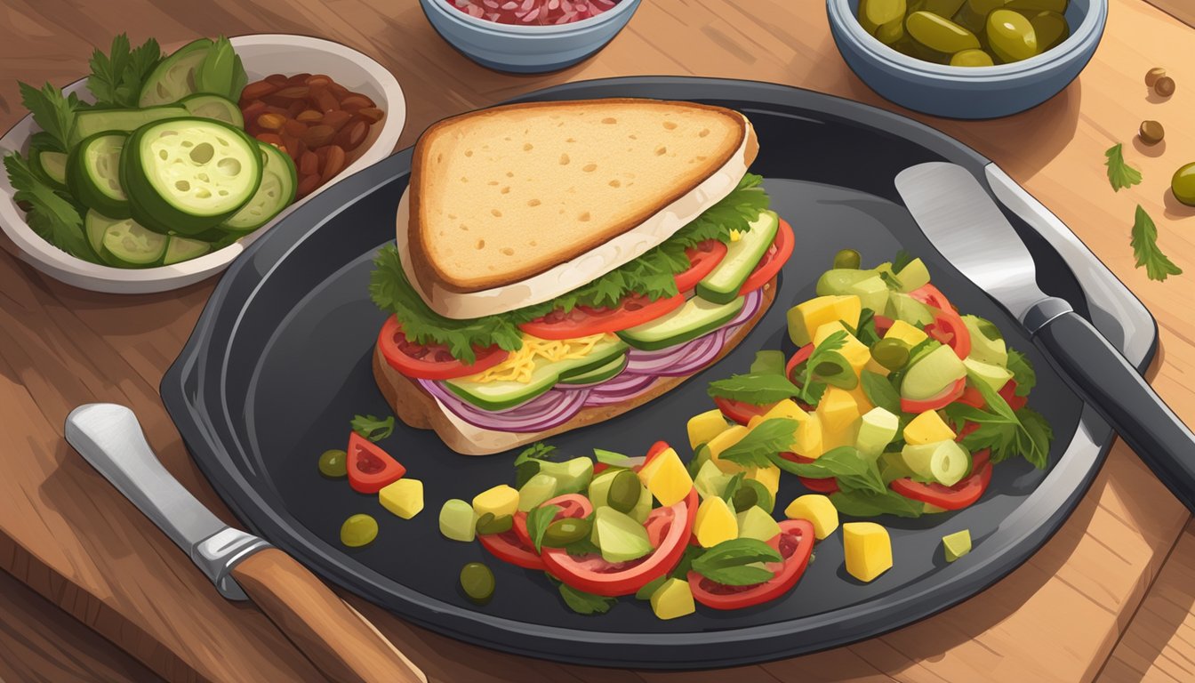 A muffuletta sandwich being heated in a skillet with a side of pickles and olive salad on a wooden cutting board