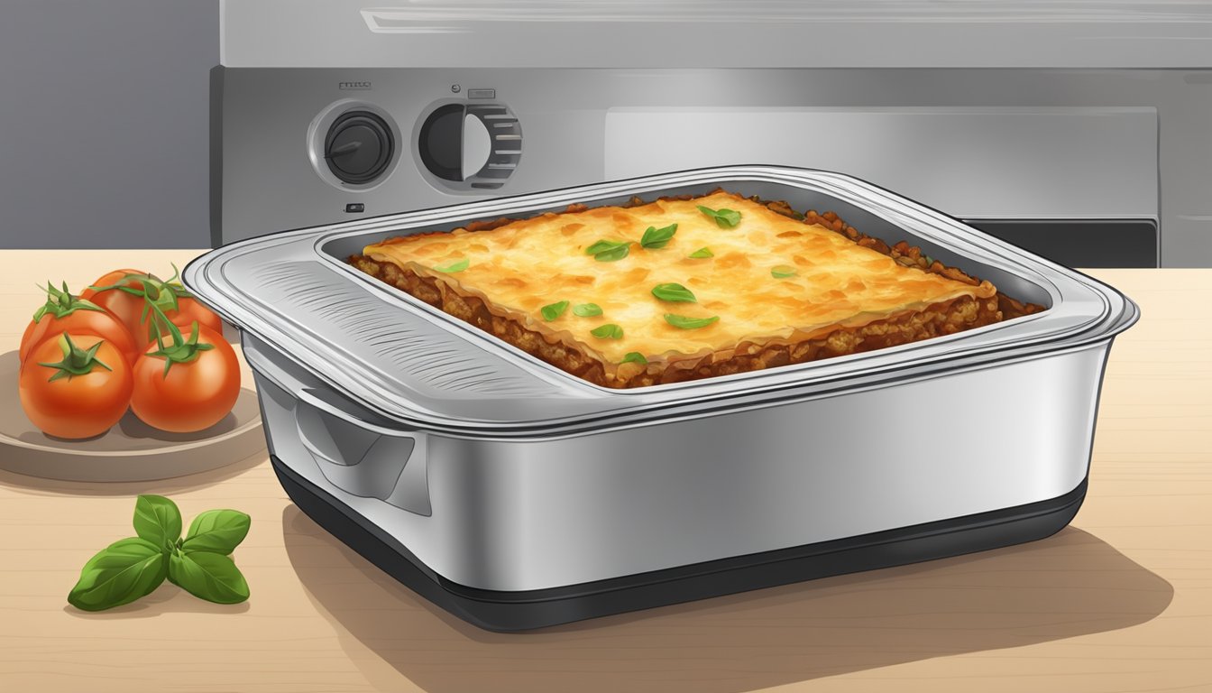 A microwave-safe dish with a serving of moussaka covered with a layer of foil, placed inside a microwave