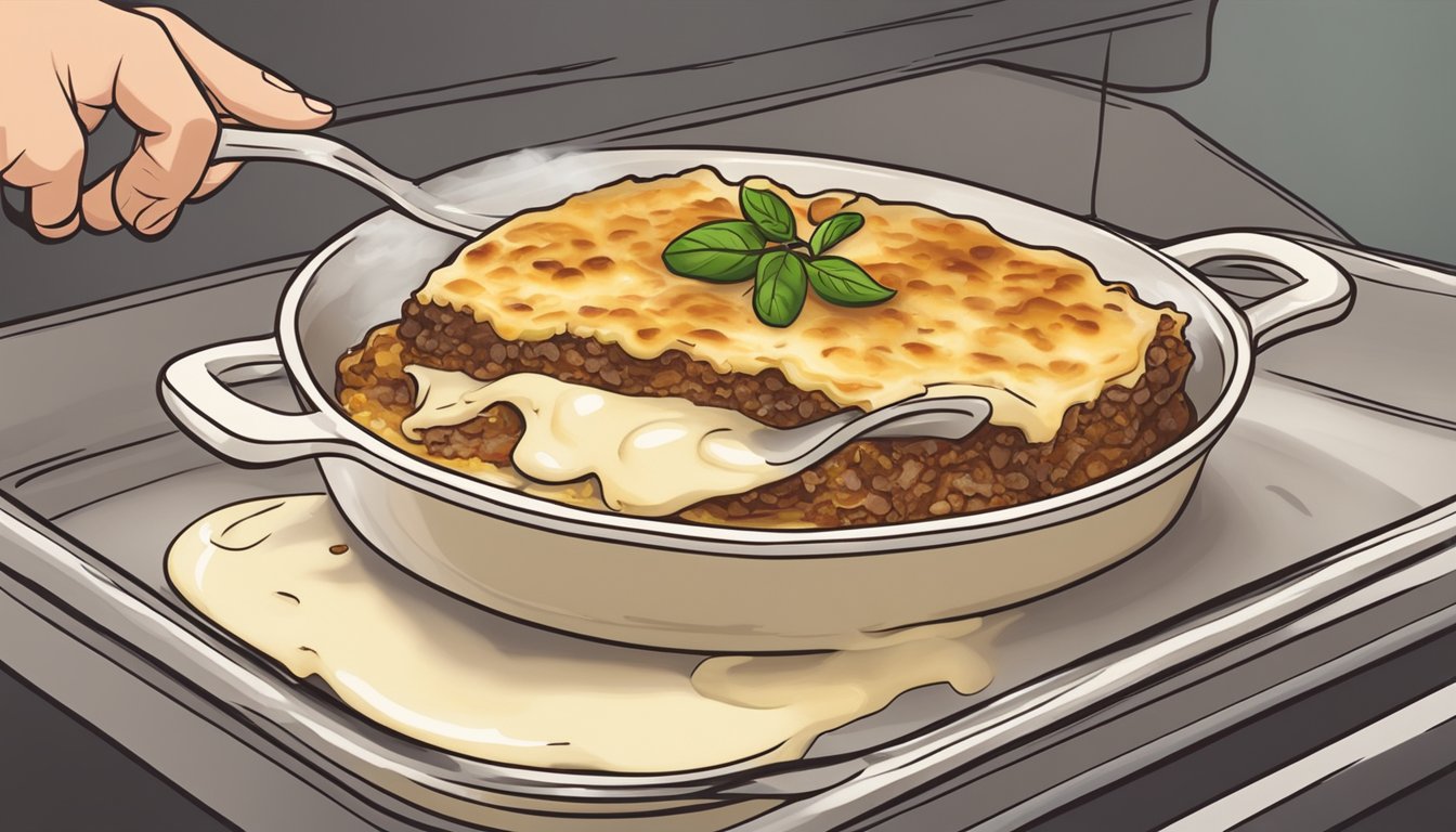 A plate of moussaka being gently reheated in the oven, with a creamy béchamel sauce remaining smooth and intact on top of the dish