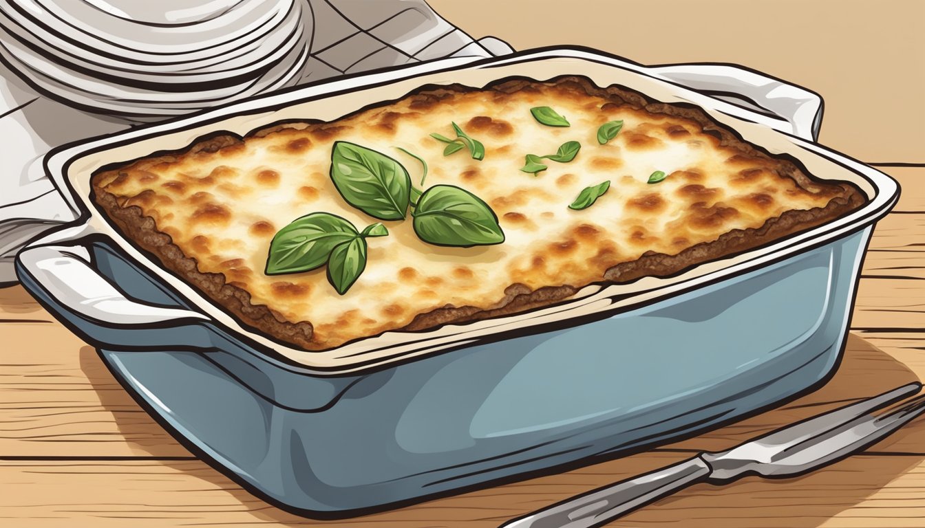 A baking dish of moussaka sits in an oven, the creamy béchamel topping glistening as it reheats, preserving the dish's quality and flavor