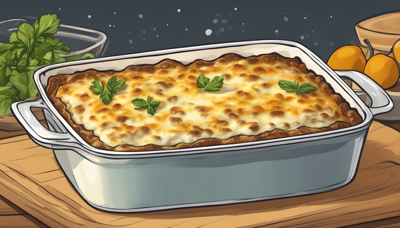 A baking dish of moussaka sits in an oven, the creamy bechamel topping golden and bubbling without any sign of separation