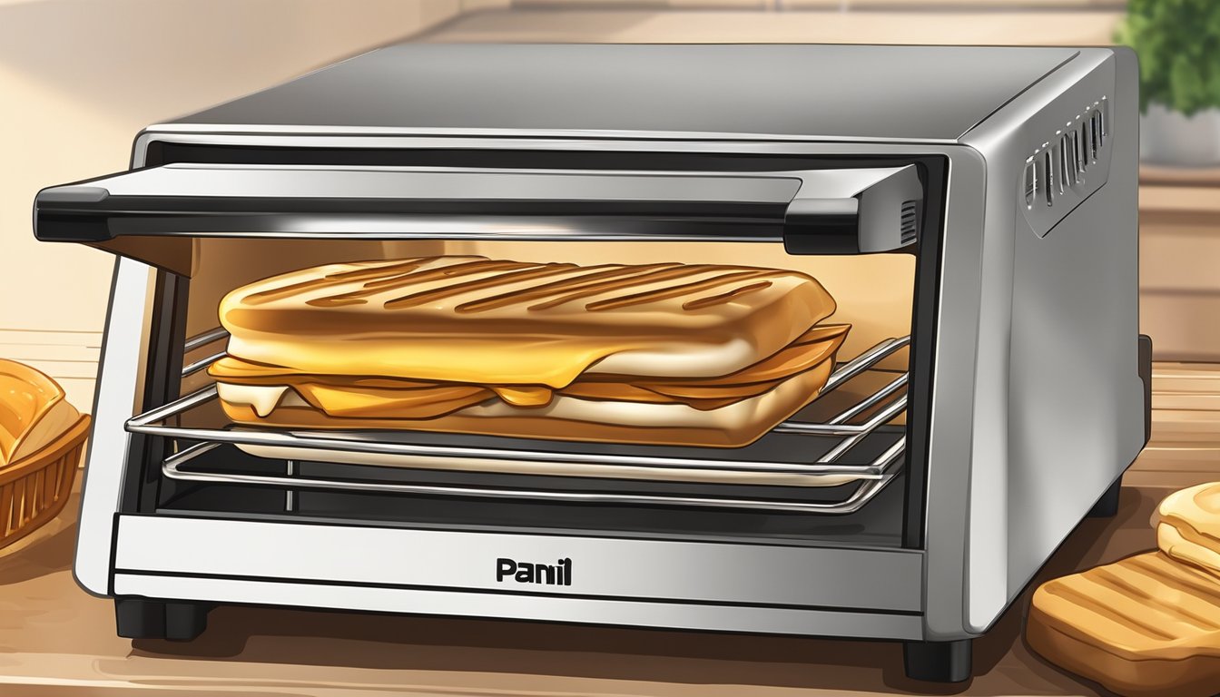 A panini sits on a wire rack inside a toaster oven, the warm glow of the heating elements reflecting off its golden, crispy exterior