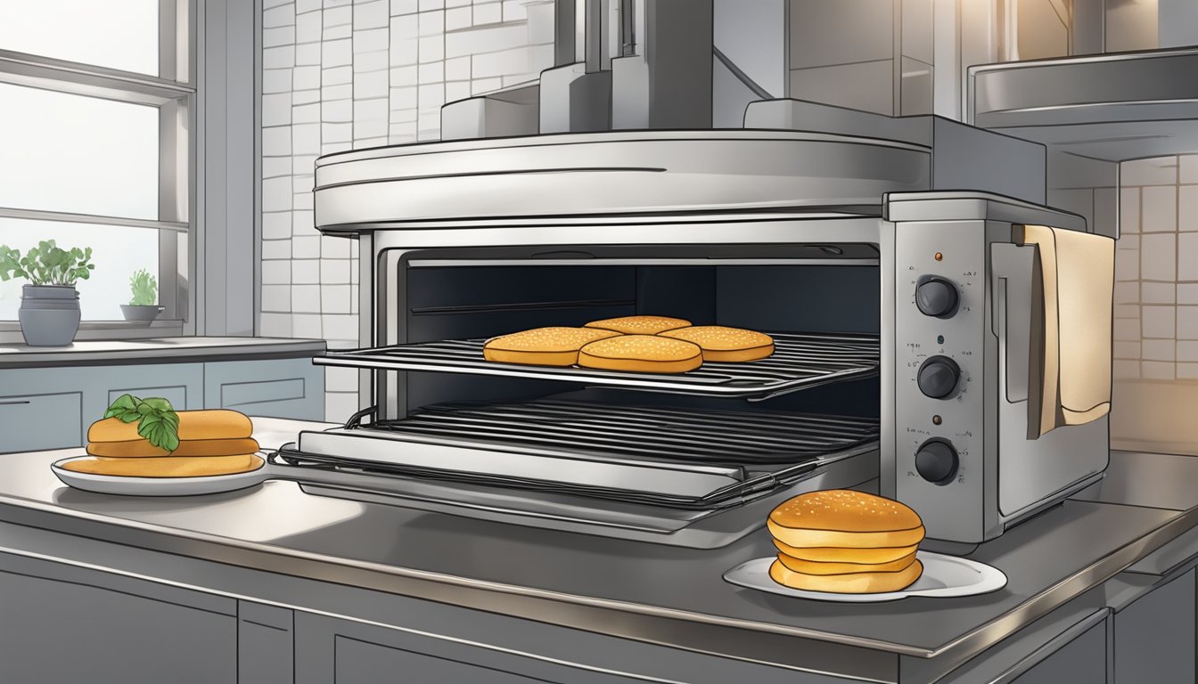 A panini sits on a wire rack inside a preheated oven, the warm air crisping the bread while maintaining its crunch