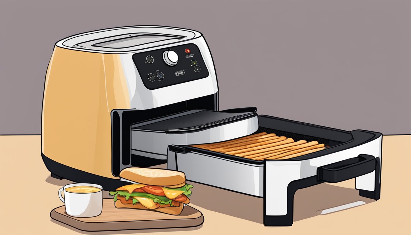 A panini sits inside an air fryer, surrounded by hot air, maintaining its crispy exterior while reheating