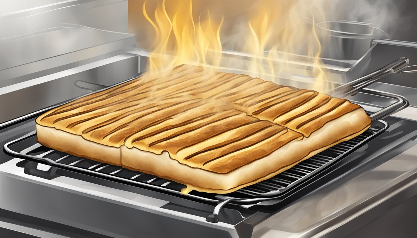 A panini sizzling on a hot pan, steam rising as it crisps to golden brown perfection