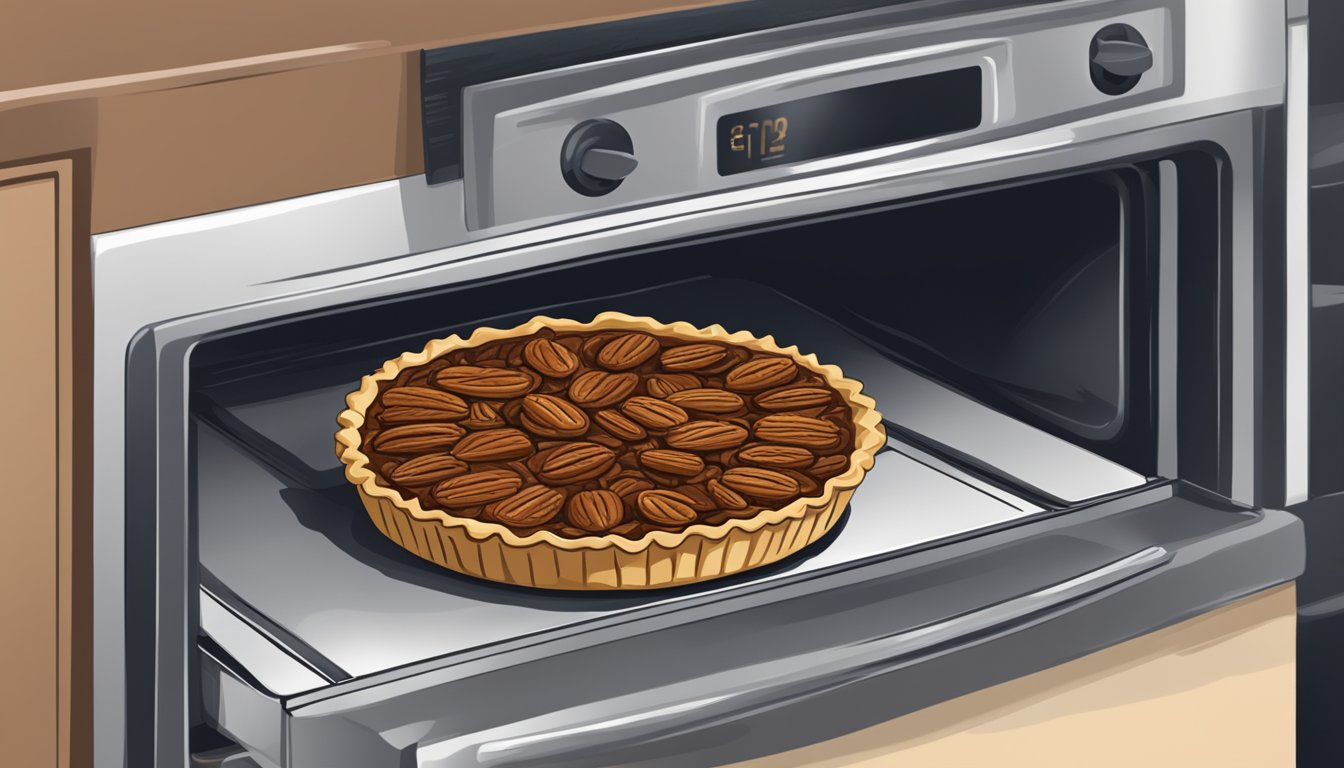 A slice of pecan pie being warmed in the oven