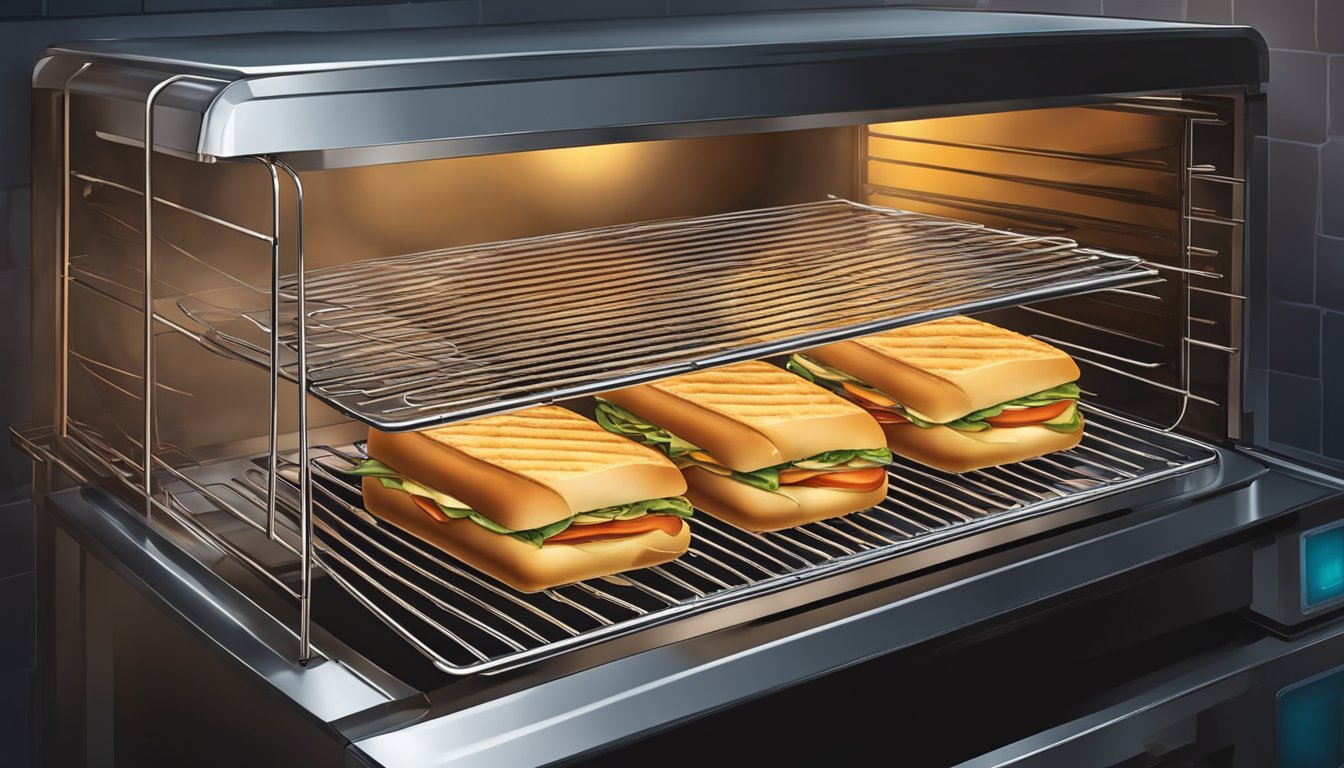 A panini sits on a wire rack in an oven, surrounded by the warm glow of the heating elements. Steam rises from the sandwich as it crisps up, preserving its crunch