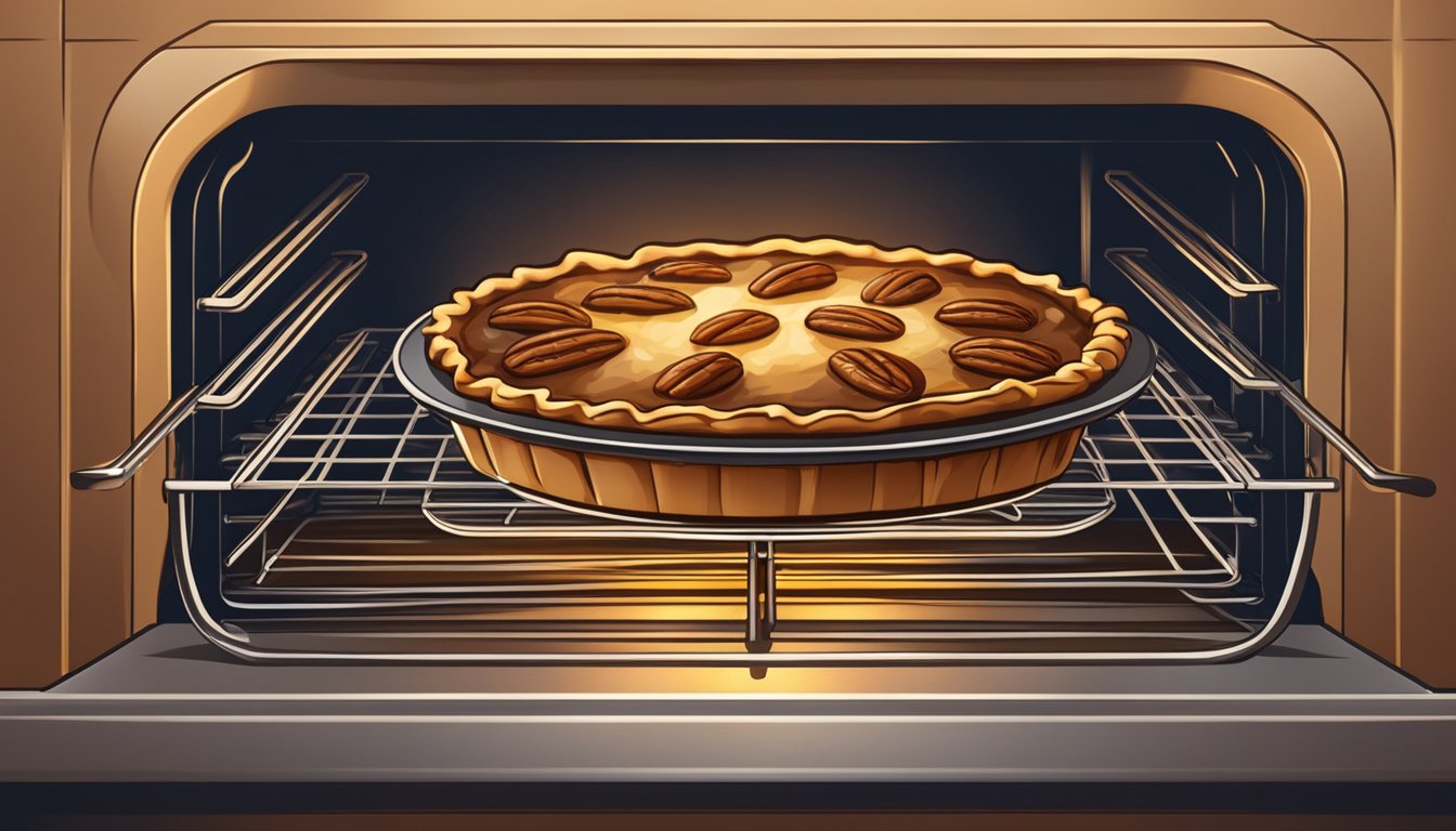 A pecan pie sits on a baking sheet in an oven, surrounded by a warm glow, with steam rising from its golden, caramelized surface