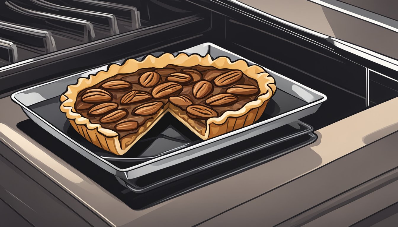 A slice of pecan pie being warmed in the oven on a baking sheet