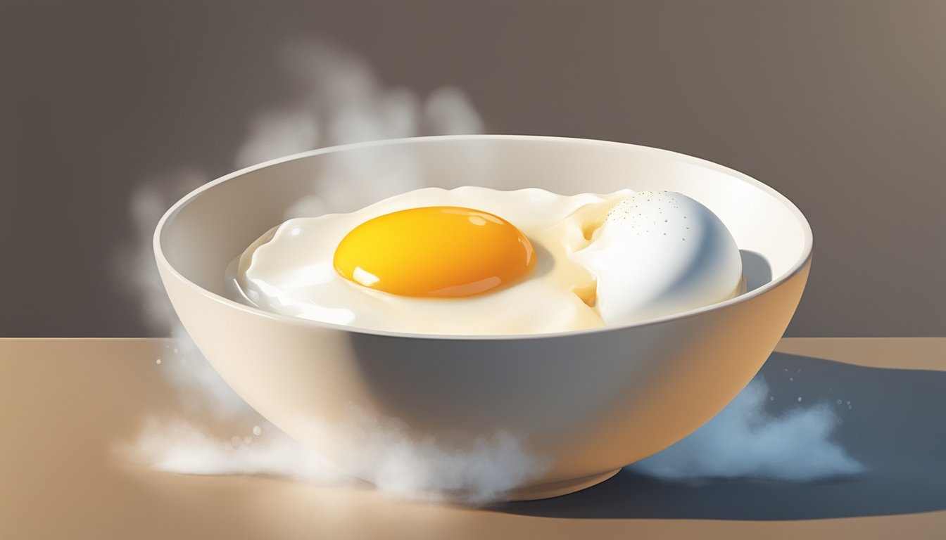 A poached egg sitting in a small bowl of warm water, with steam rising and the yolk glistening in the light