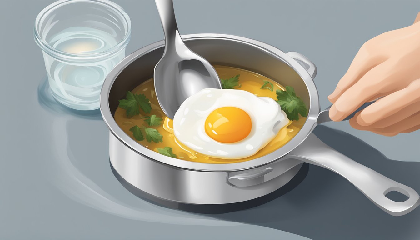 A small pot of simmering water with a poached egg being gently lowered in with a slotted spoon