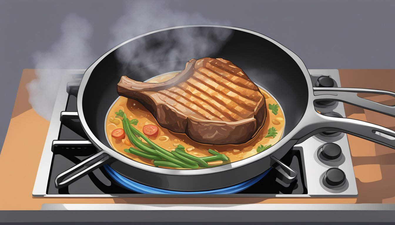 A skillet on a stovetop with a pork chop sizzling inside, steam rising as it reheats. A spatula nearby ready to flip the meat