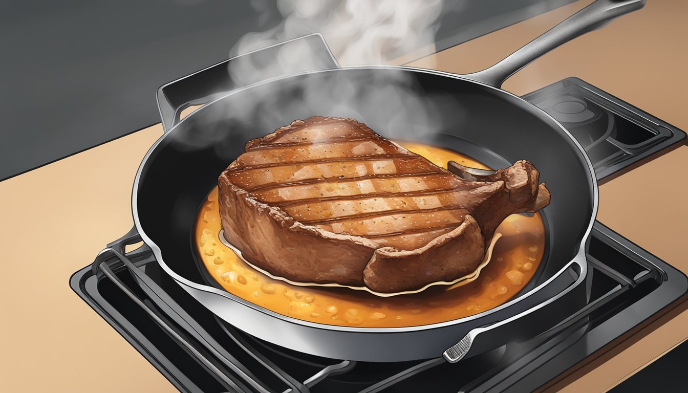 A pork chop being reheated in a skillet over a stovetop, with steam rising from the sizzling meat