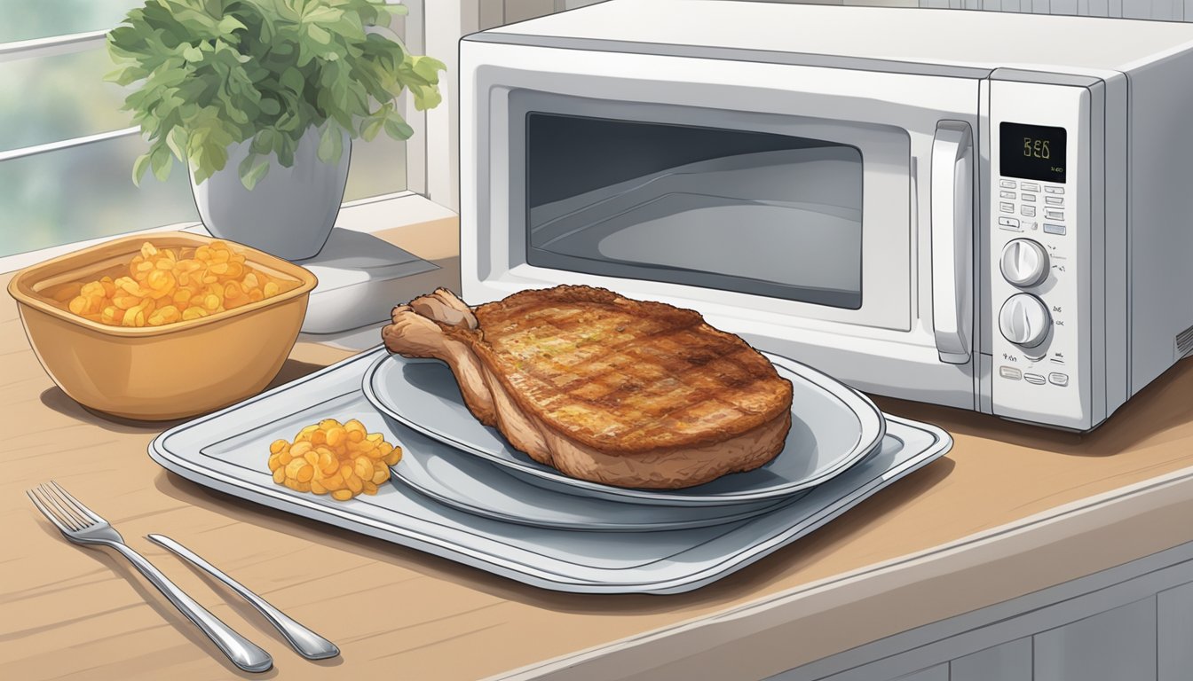 A pork chop sitting on a microwave-safe plate, covered with a microwave-safe lid, with a microwave in the background