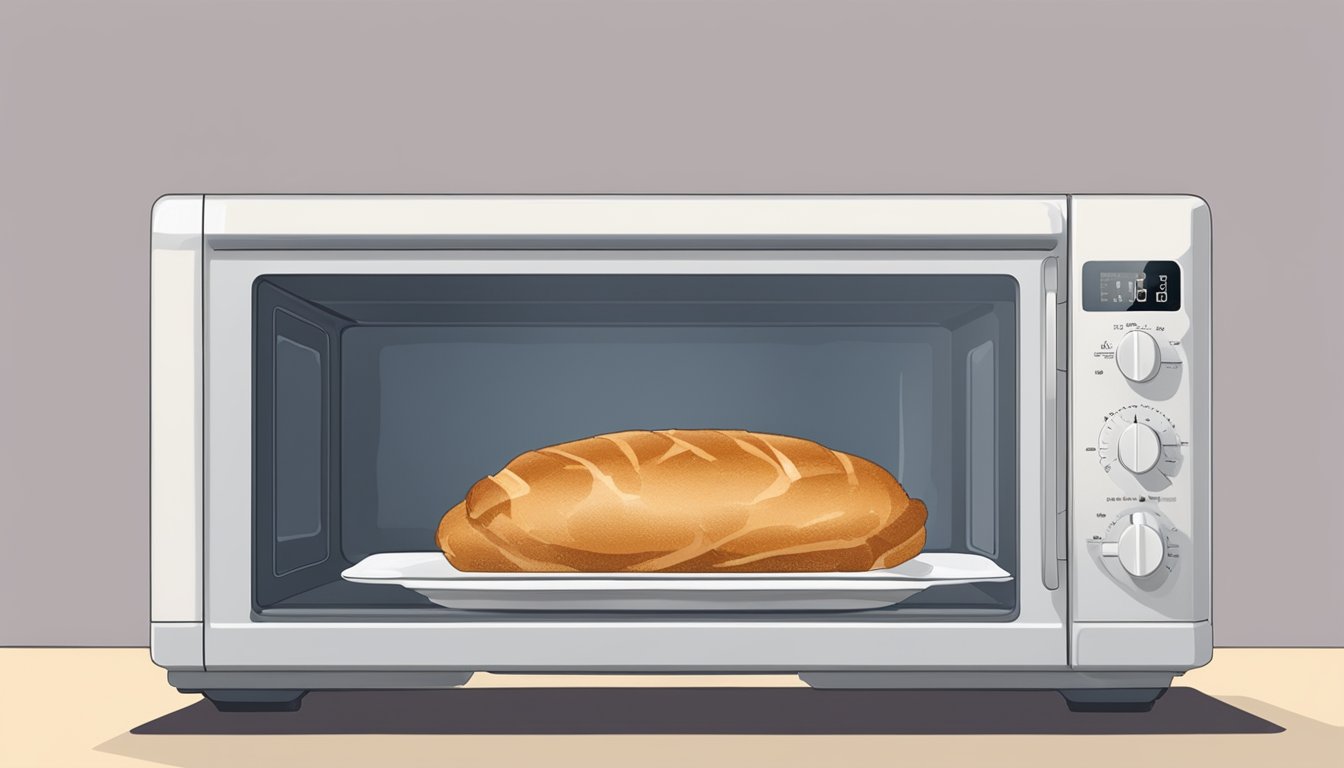 A pork loin sits on a microwave-safe plate, covered with a damp paper towel. The microwave door is closed, and the timer is set for quick reheating