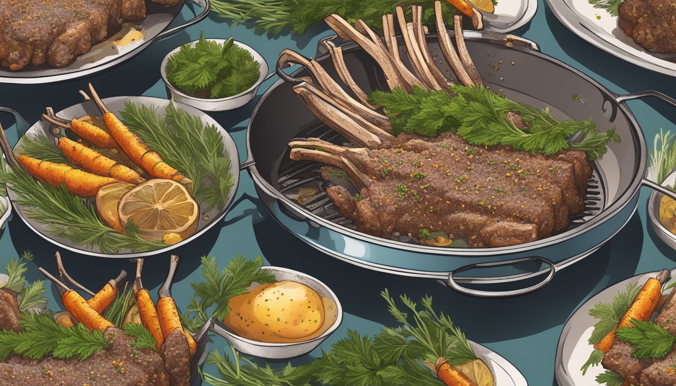 A rack of lamb being heated in a sizzling pan with aromatic herbs and spices sprinkled over it