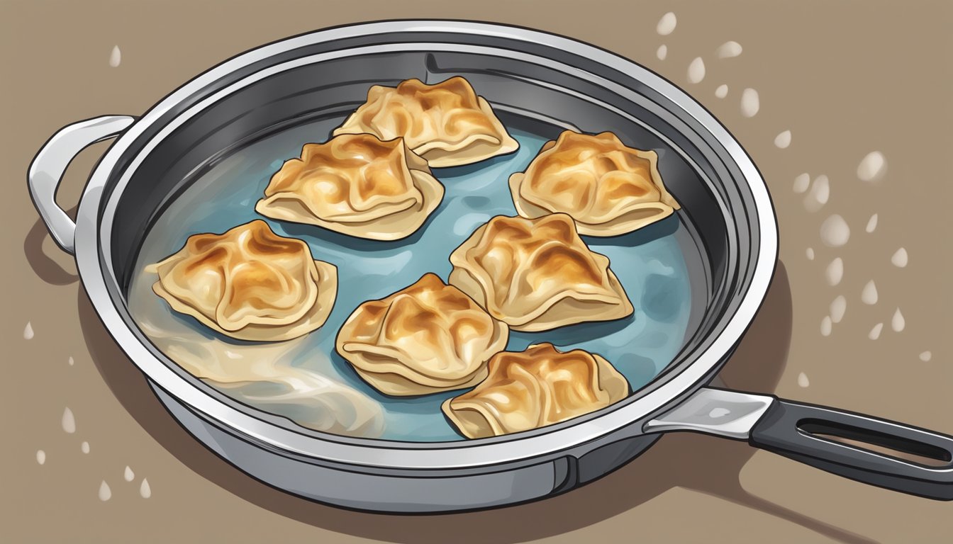 A plate of potstickers being reheated in a non-stick skillet over medium heat, with a small amount of water added and covered with a lid