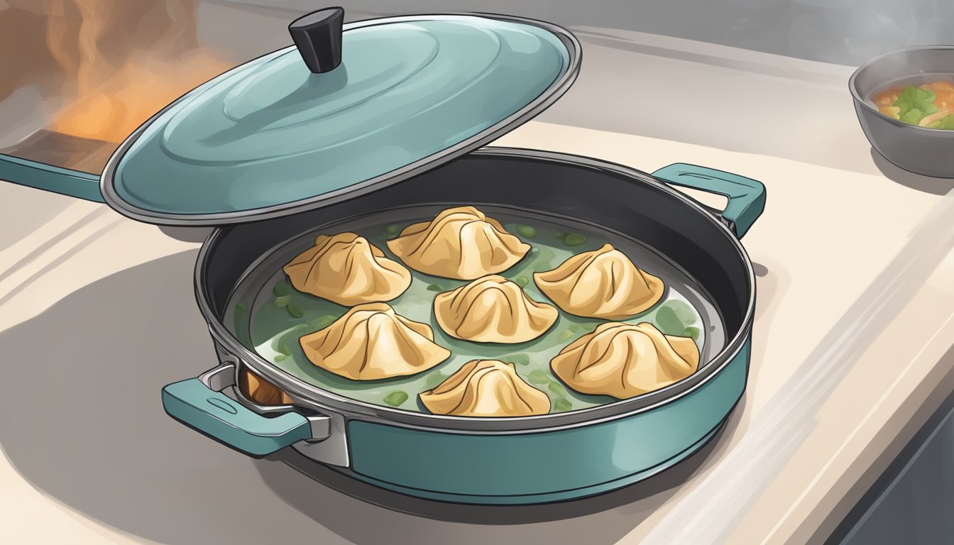 A pot sticker being reheated in a non-stick pan over medium heat, with a lid on top to trap steam and evenly warm the dumpling