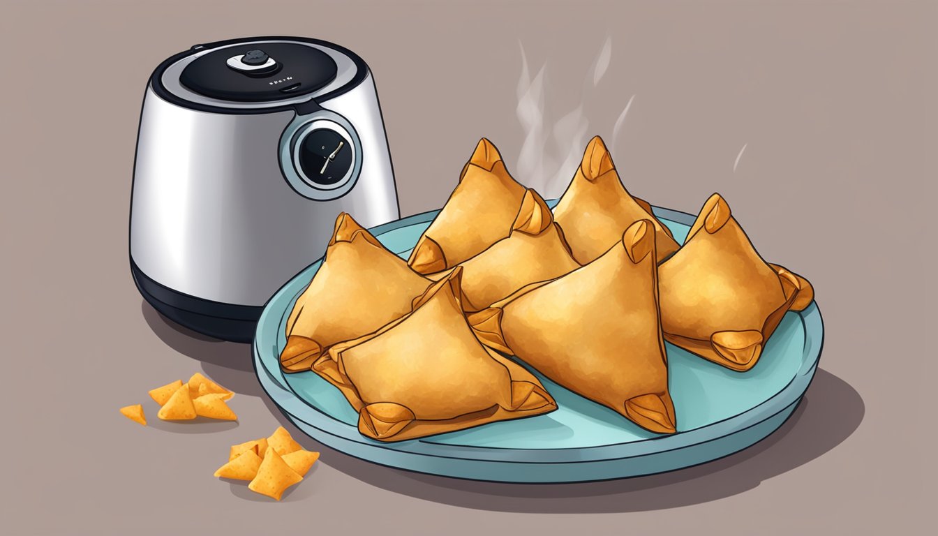 A samosa sits inside an air fryer, surrounded by hot air, with a golden, flaky crust