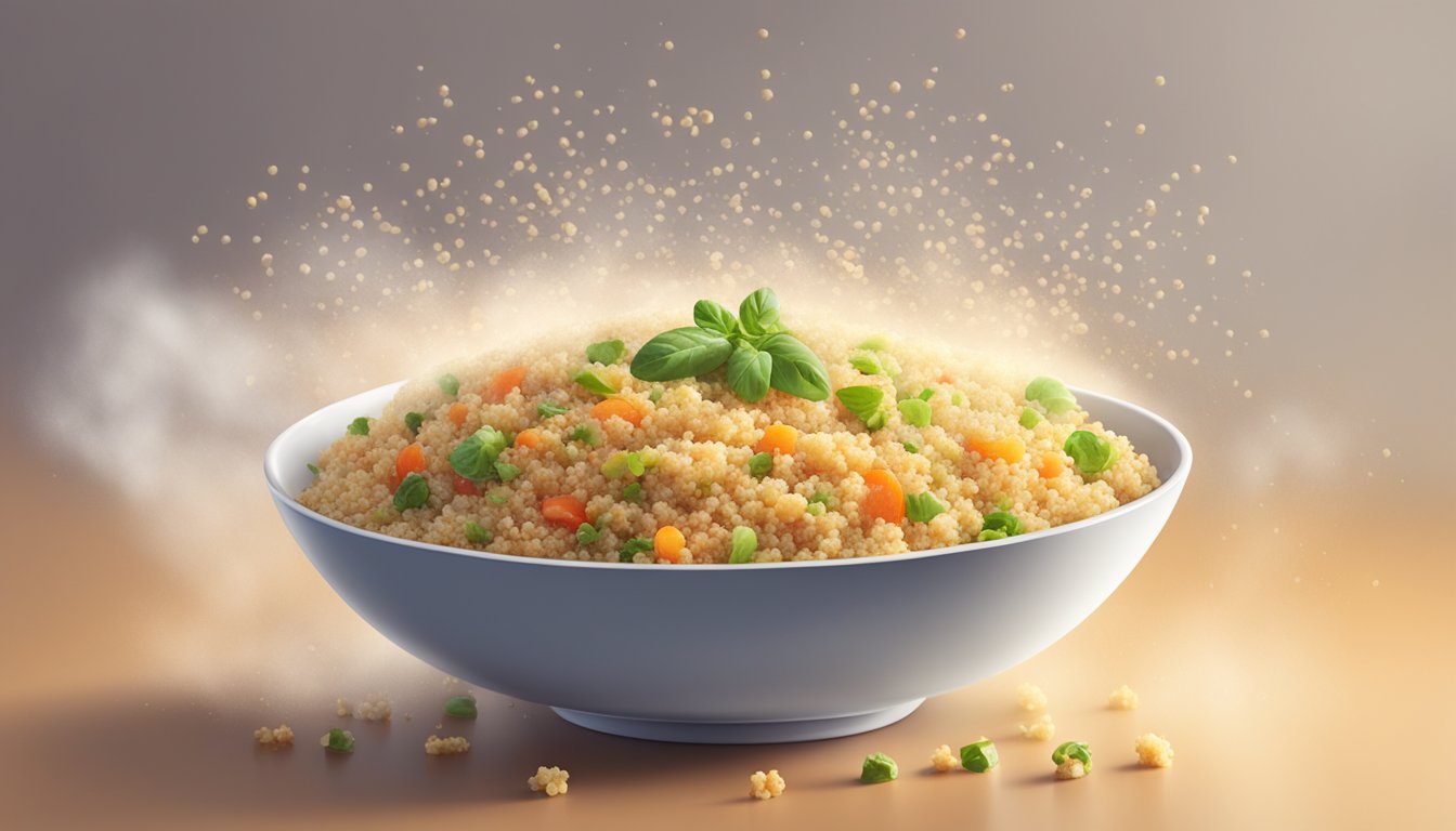 A bowl of quinoa salad being gently reheated in a microwave, with steam rising and the grains retaining their texture and quality