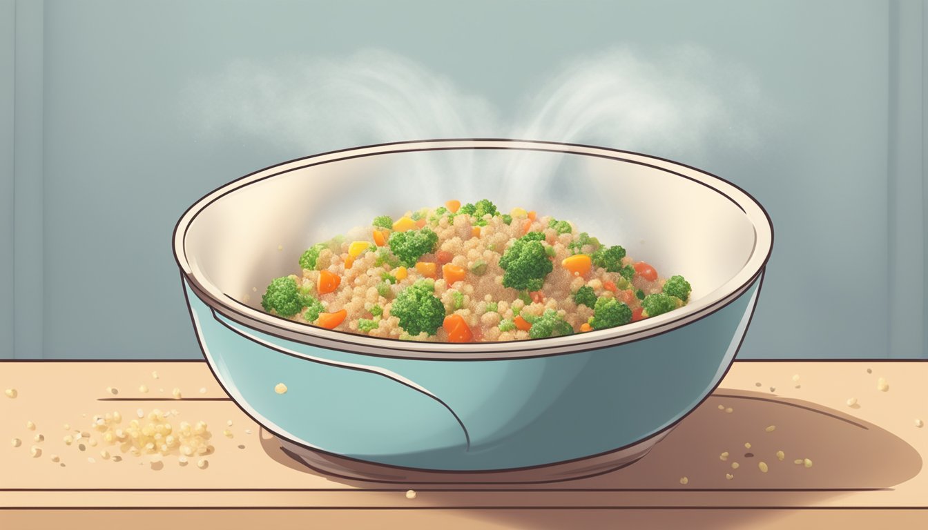 A bowl of quinoa salad being reheated in a microwave, steam rising from the dish as the grains and vegetables warm up