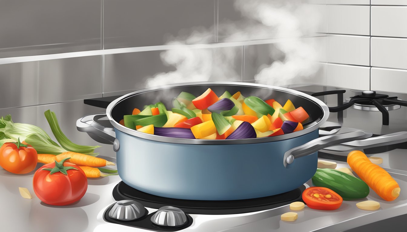 A steaming bowl of ratatouille being gently reheated on a stovetop, with colorful chunks of vegetables and a fragrant aroma rising from the dish