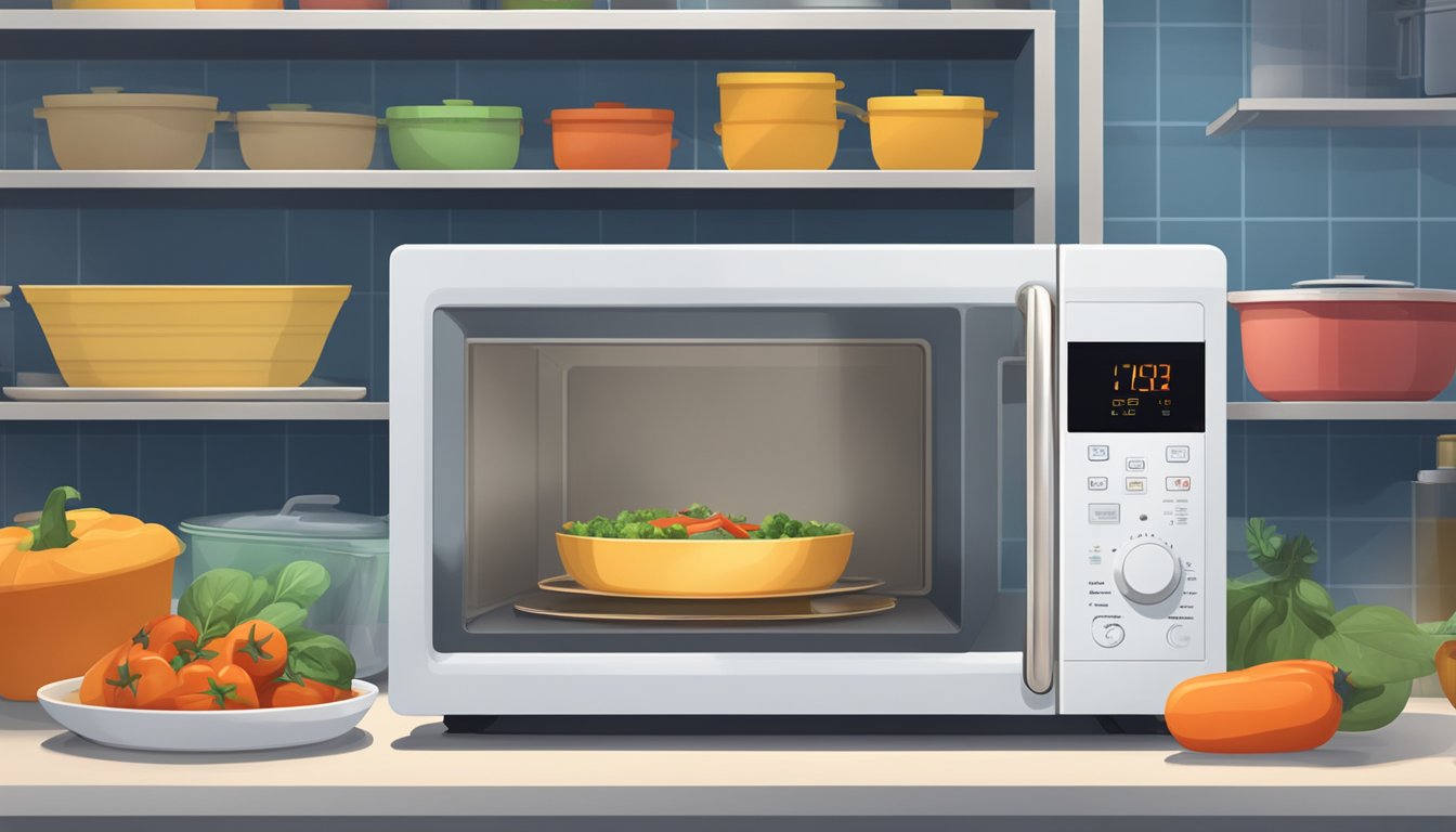 A microwave next to a container of ratatouille, with steam rising from the dish. Shelves with various storage containers in the background