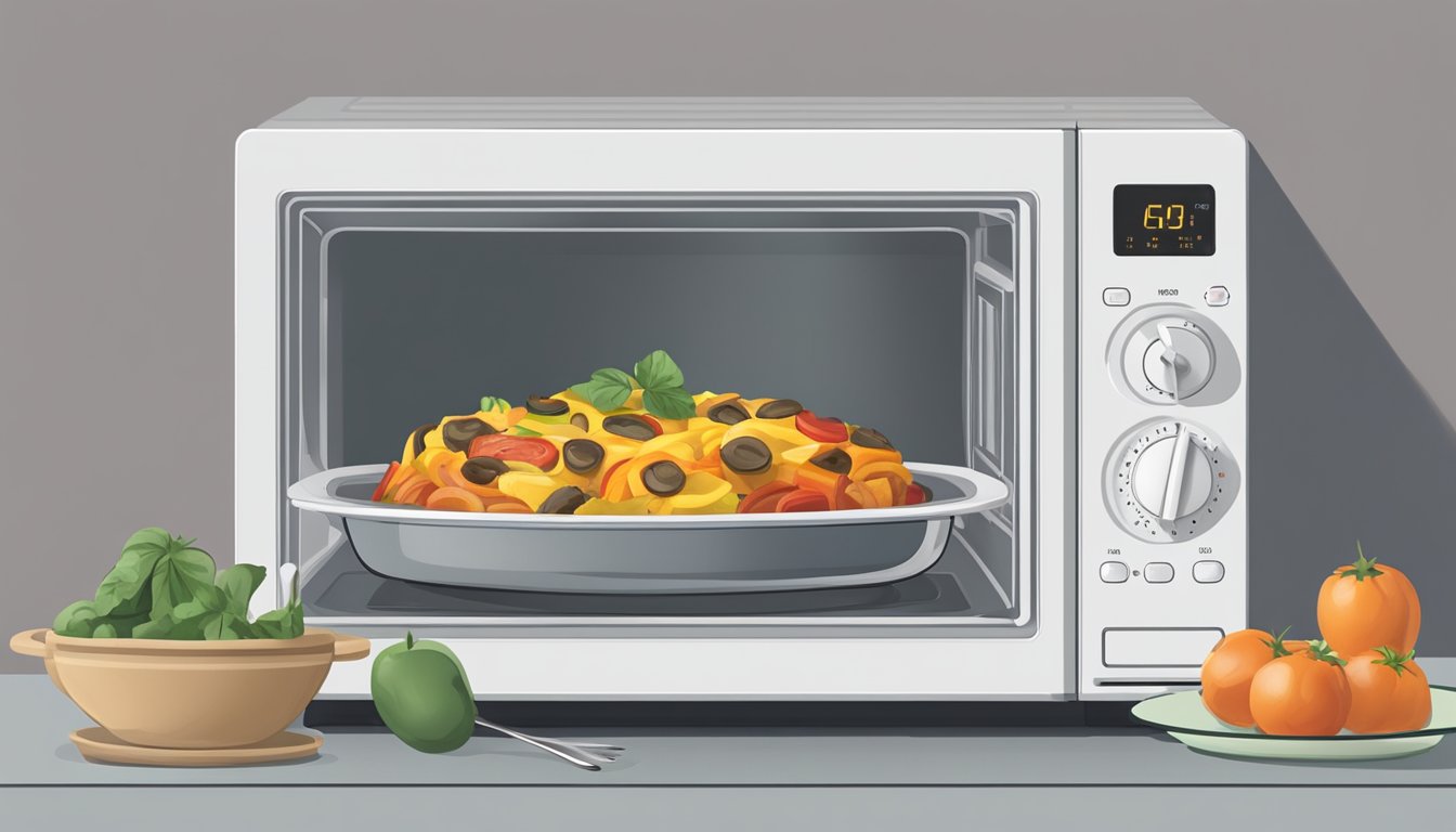 A microwave with a plate of ratatouille inside, a fork resting on the side, and a timer set for reheating