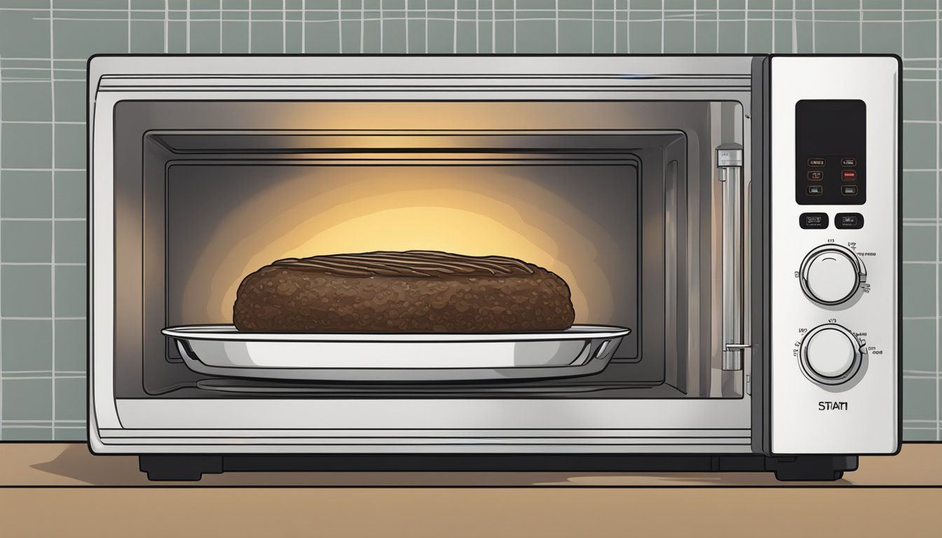 A microwave with a plate of Salisbury steak inside, steam rising as it reheats