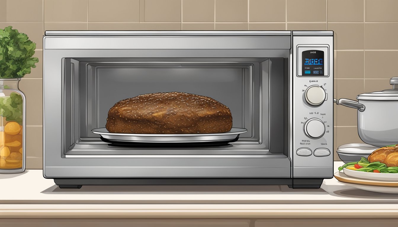 A microwave with a covered plate of salisbury steak rotating inside