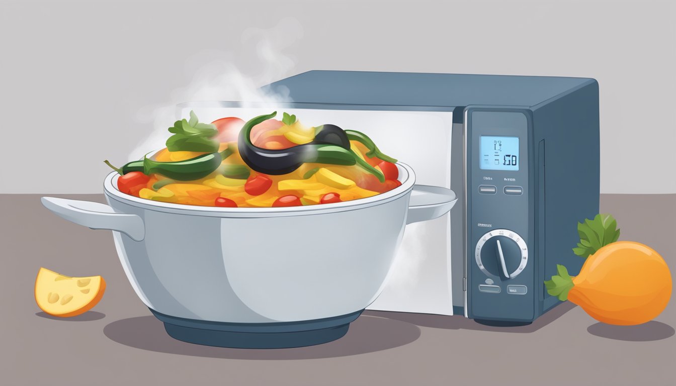 A bowl of ratatouille being heated in a microwave, with steam rising from the dish and the aroma filling the air