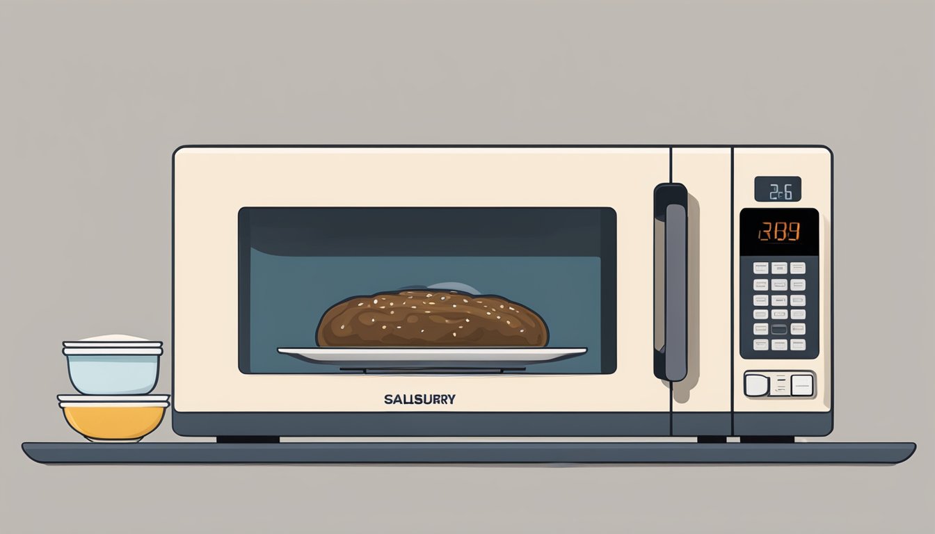 A microwave with a plate of salisbury steak inside, a timer being set, and steam rising from the food