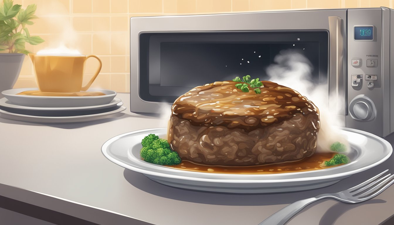 A sizzling salisbury steak being reheated in a microwave on a plate, with steam rising and the aroma filling the air