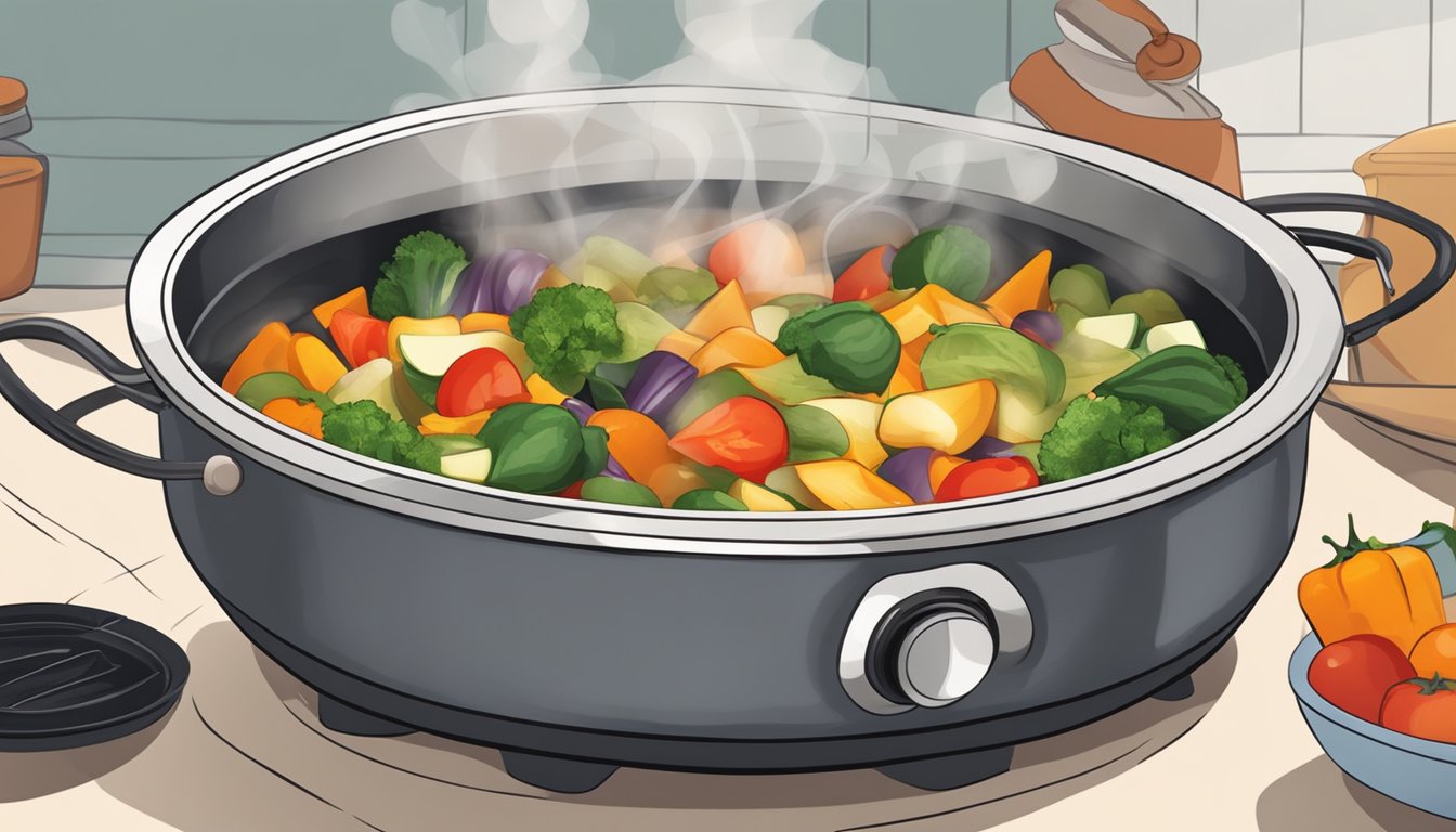 A steaming bowl of ratatouille being gently reheated on a stovetop, with colorful chunks of vegetables and a fragrant aroma filling the kitchen