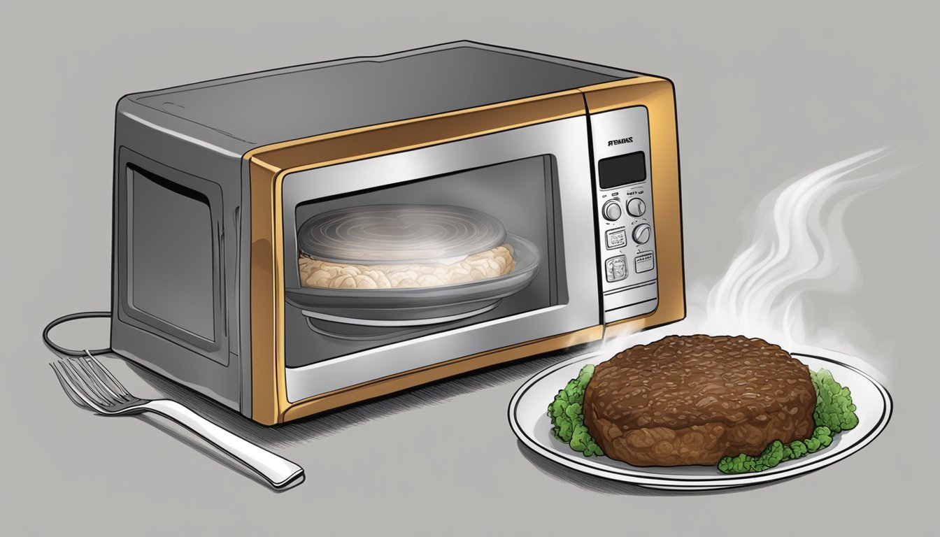 A microwave with a covered plate containing a juicy salisbury steak, steam rising as it reheats