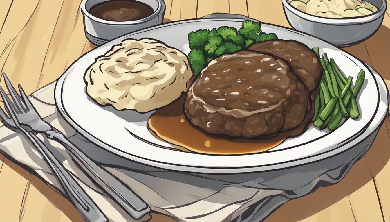 A plate with a reheated salisbury steak, surrounded by steamed vegetables and a side of mashed potatoes, all arranged neatly