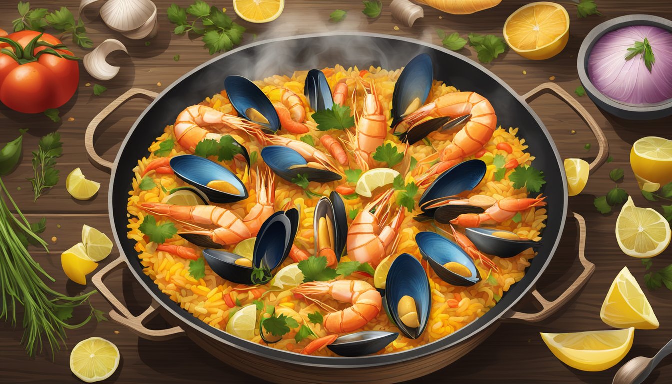 A steaming pot of seafood paella sits on a rustic wooden table, surrounded by vibrant ingredients and utensils