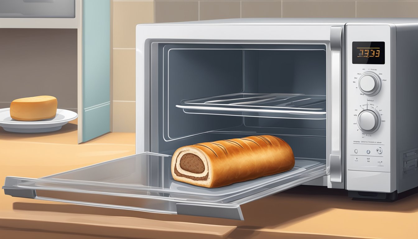 A sausage roll sits on a microwave-safe plate inside a microwave. The microwave's door is closed and the timer is set for quick reheating