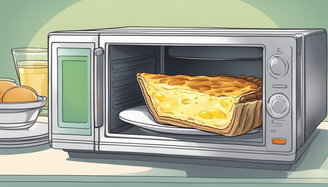 A slice of quiche lorraine being reheated in a microwave on a plate, with steam rising from the surface