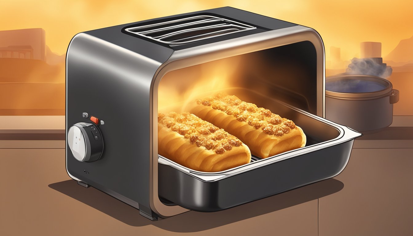 A sausage roll sits inside an open air fryer, surrounded by a warm, golden glow, with steam rising from its crispy, flaky crust