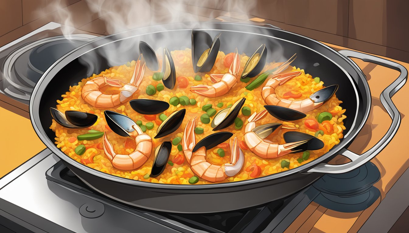 A steaming seafood paella being reheated in a skillet over a stovetop flame