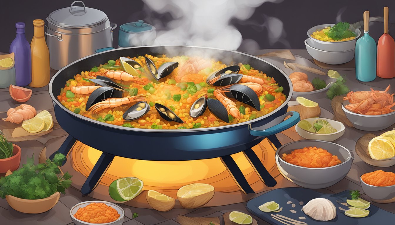 A steaming seafood paella sits on a stove, surrounded by colorful ingredients and utensils. Steam rises from the pan as it is being gently reheated