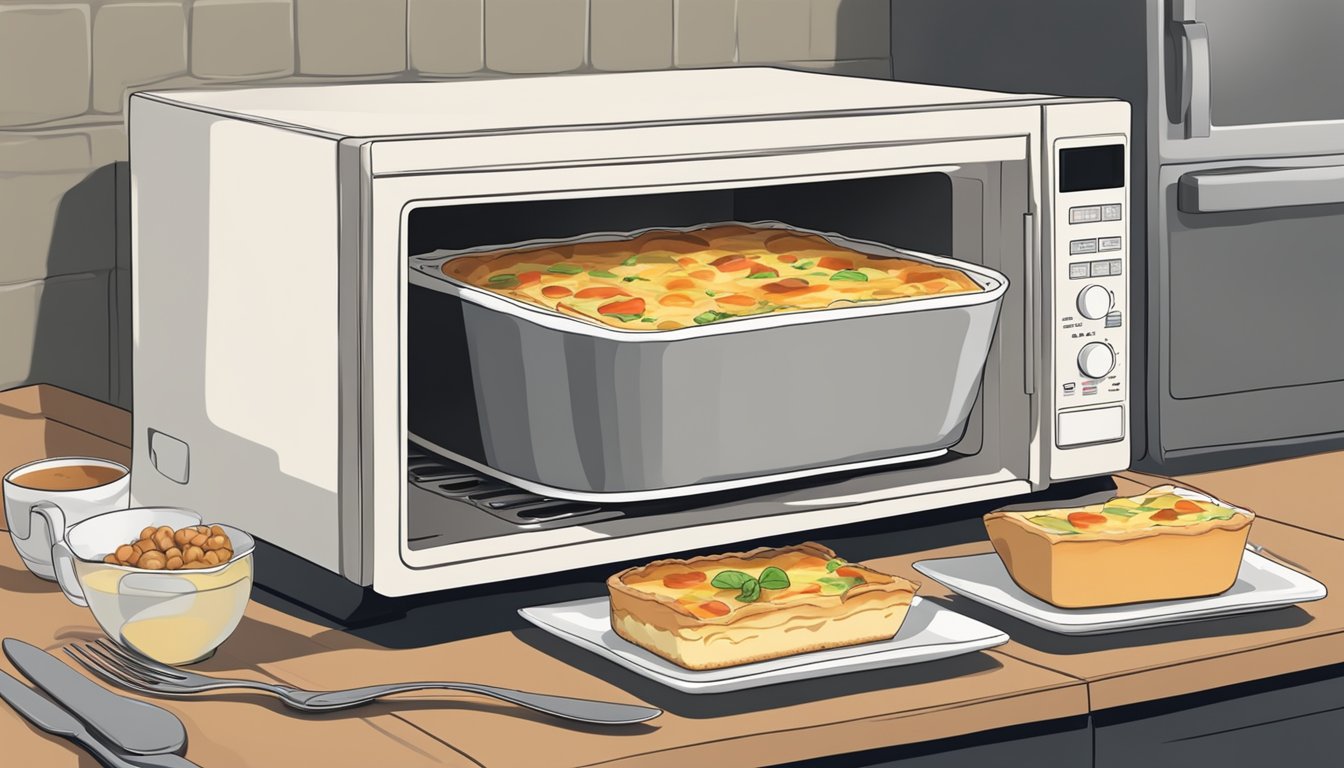 A microwave beeping with a steaming plate of quiche lorraine inside, a fork resting on the side