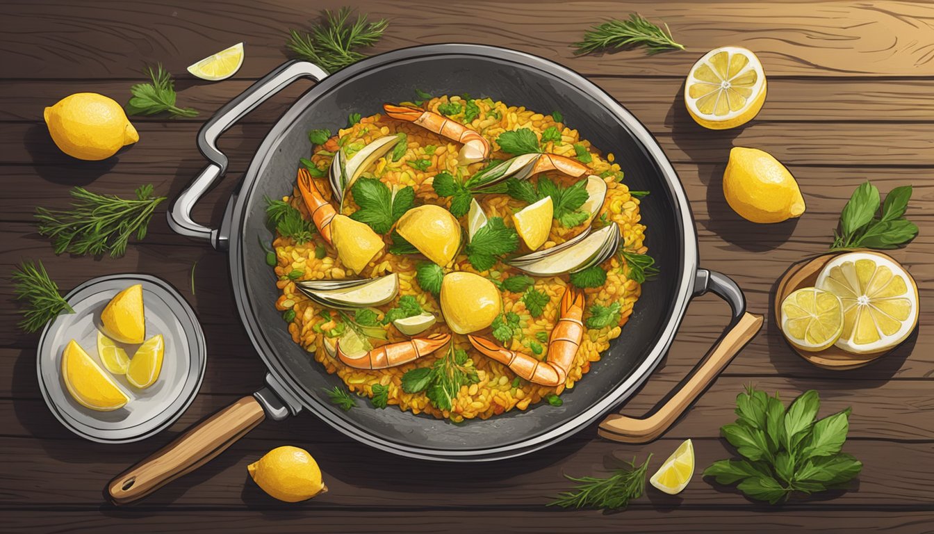 A steaming paella dish being carefully garnished with fresh herbs and lemon wedges before being served on a rustic wooden table