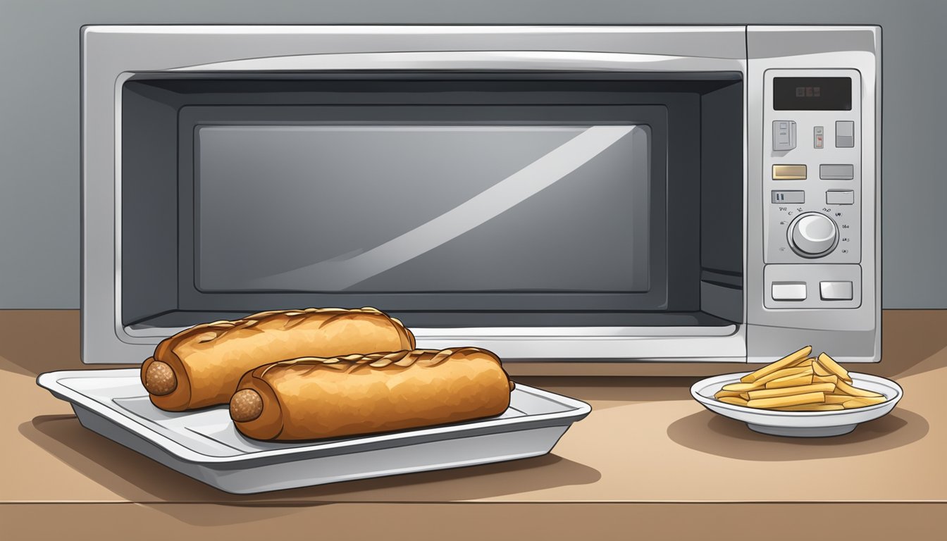 A sausage roll on a microwave-safe plate with a microwave oven in the background