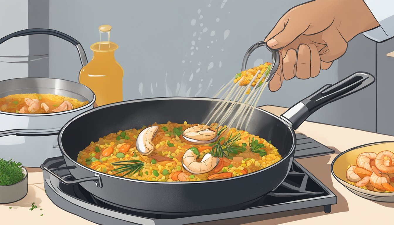 A chef reheating seafood paella in a skillet over a stovetop, carefully stirring and adding a splash of broth to keep it moist and flavorful