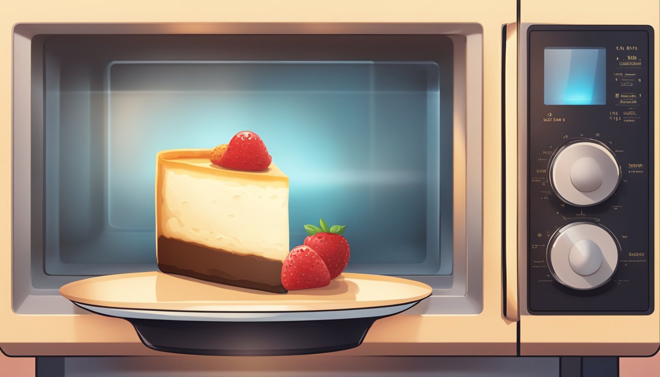 A slice of cheesecake being gently warmed in a microwave, emitting a soft glow as it rotates on a plate