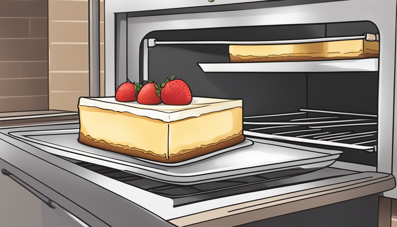 A slice of cheesecake on a plate, being placed in an oven for reheating